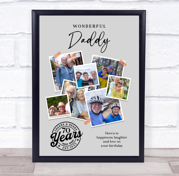 Photo Collage 70th Birthday Custom Gift For Daddy 7-Photo Grey Print Or Canvas