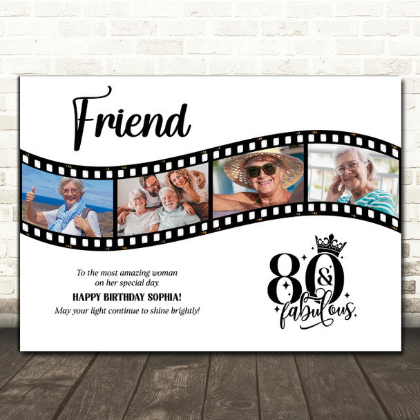 Photo Collage 80th Birthday Gift For Friend 4-Photo Film White Print Or Canvas