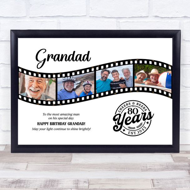 Photo Collage 80th Birthday Gift For Grandad 4-Photo Film Reel Print Or Canvas