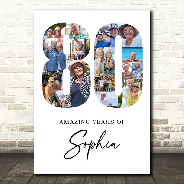 Photo Collage 80th Birthday Gift For Her 16-Photo Age 80 White Print Or Canvas