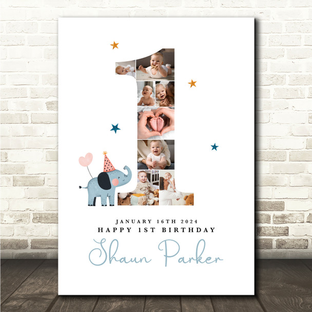 Photo Collage 8-Photo Cute Elephant 1st Birthday Gift For Kids Print Or Canvas