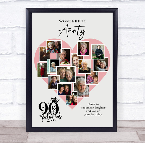 Photo Collage 90th Birthday Gift For Aunty 16-Photo Pink Heart Print Or Canvas Photo Collage 90th Birthday Gift For Aunty 16-Photo Pink Heart Print Or Canvas