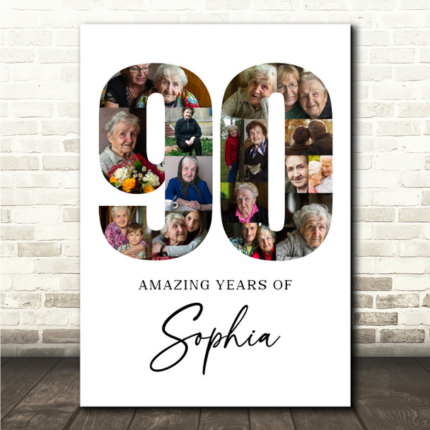Photo Collage 90th Birthday Gift For Her 16-Photo Age 90 White Print Or Canvas