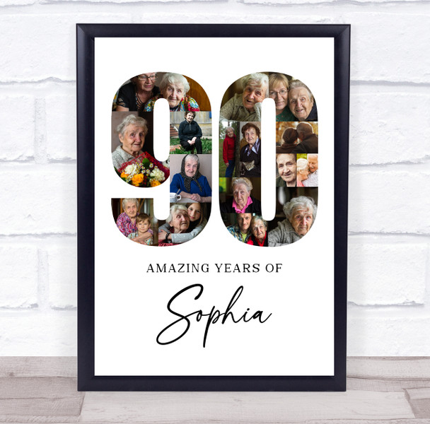 Photo Collage 90th Birthday Gift For Her 16-Photo Age 90 White Print Or Canvas