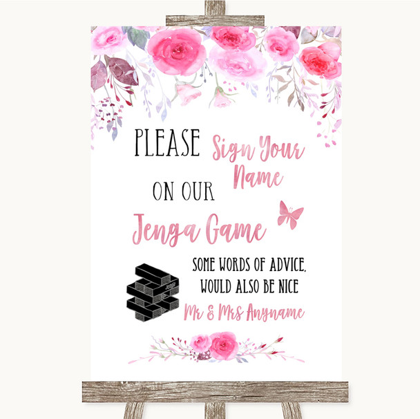 Pink Watercolour Floral Jenga Guest Book Personalised Wedding Sign