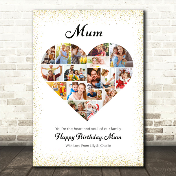 Photo Collage Mum Birthday Gift 17-Photo Heart Gold Dots Frame Print Or Canvas
