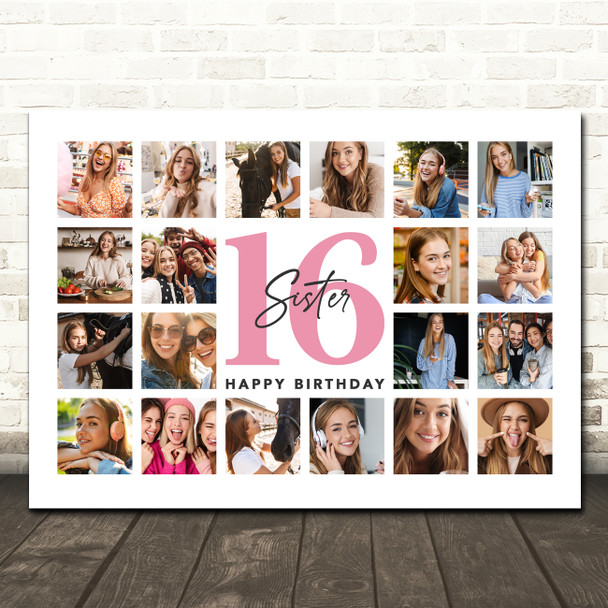 Photo Collage 16th Birthday Gift For Sister 20-Photo Landscape Print Or Canvas