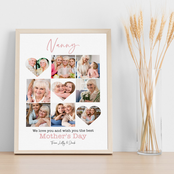Photo Collage Gift For Nanny Mother's Day 9-Photo Pink Floral Print Canvas