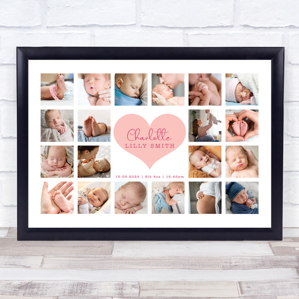 Photo Collage Gift For New Baby 20-Photo Pink Heart Landscape Print Or Canvas