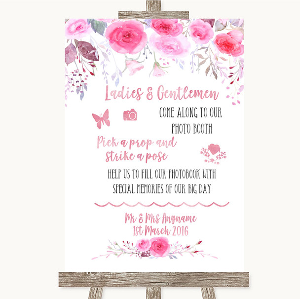 Pink Watercolour Floral Pick A Prop Photobooth Personalised Wedding Sign