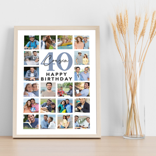 Photo Collage 40th Birthday Gift For Cousin 20-Photo Portrait Print Or Canvas