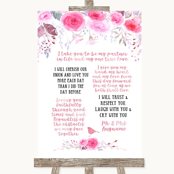 Pink Watercolour Floral Romantic Vows Personalised Wedding Sign