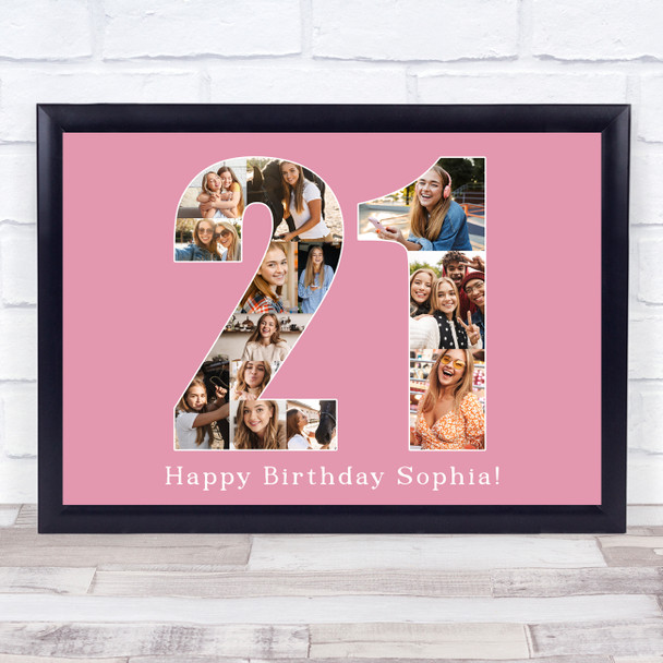 Photo Collage Print Or Canvas 21st Birthday Gift For Her 13-Photo Number 21 Pink