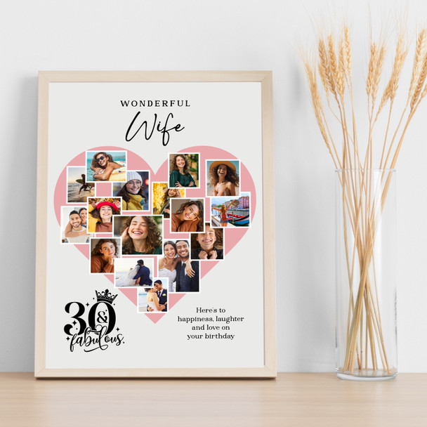 Photo Collage Print Or Canvas 30th Birthday Gift For Wife 16-Photo Pink Heart