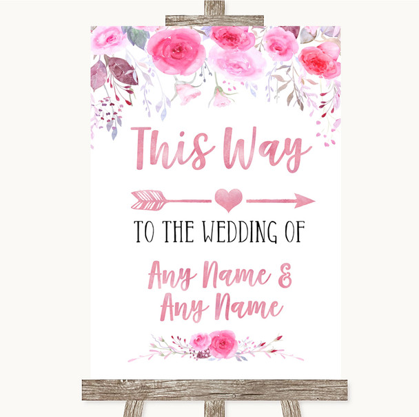 Pink Watercolour Floral This Way Arrow Right Personalised Wedding Sign