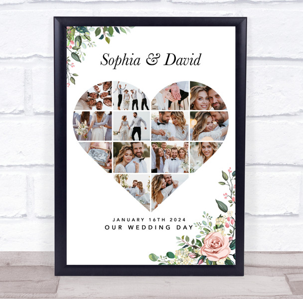 Photo Collage Print Or Canvas Wedding Custom Gift 14-Photo Heart Pink Floral