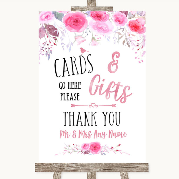 Pink Watercolour Floral Cards & Gifts Table Personalised Wedding Sign