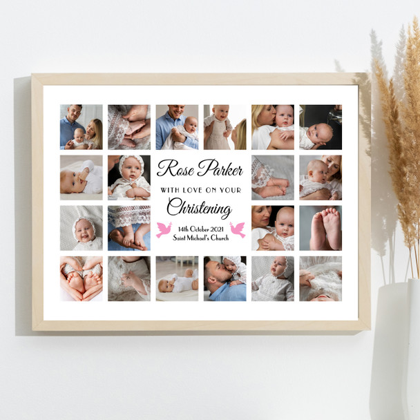 Photo Collage Print Or Canvas Christening Gift For Girls 20-Photo Pink Doves