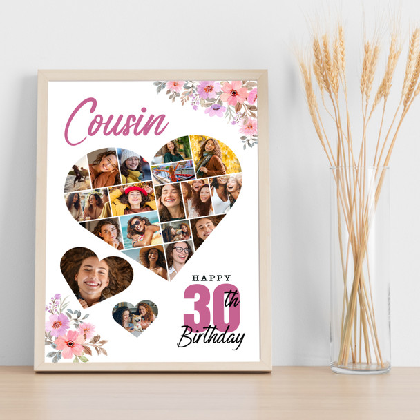 Photo Collage Print Or Canvas 30th Birthday Gift For Cousin 19-Photo Floral