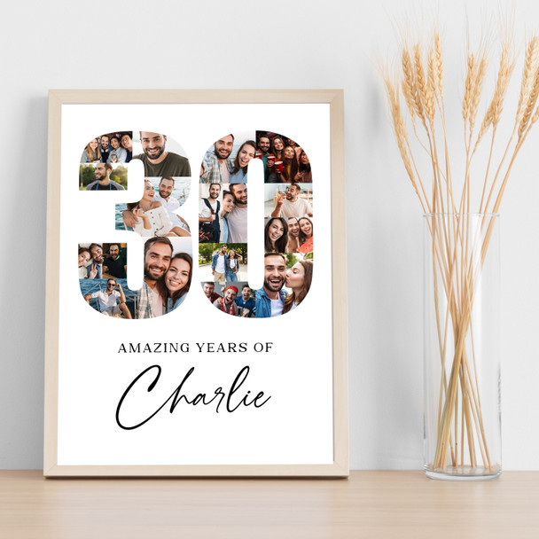 Photo Collage Print Or Canvas 30th Birthday Gift For Him 18-Photo 30 White