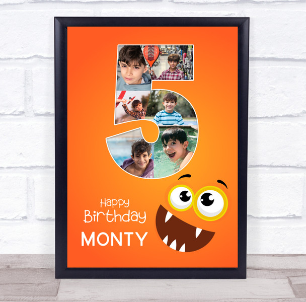 Photo Collage 6-Photo 5th Birthday Gift For Kids Boys Orange Monster Print