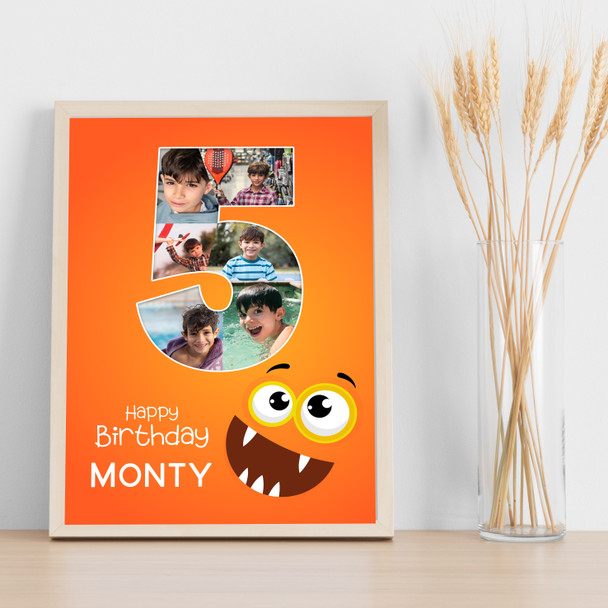 Photo Collage 6-Photo 5th Birthday Gift For Kids Boys Orange Monster Print