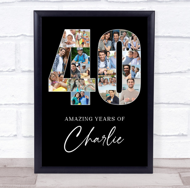 Photo Collage 40th Birthday 19-Photo Birthday Gift For Him 40 Black Print Canvas
