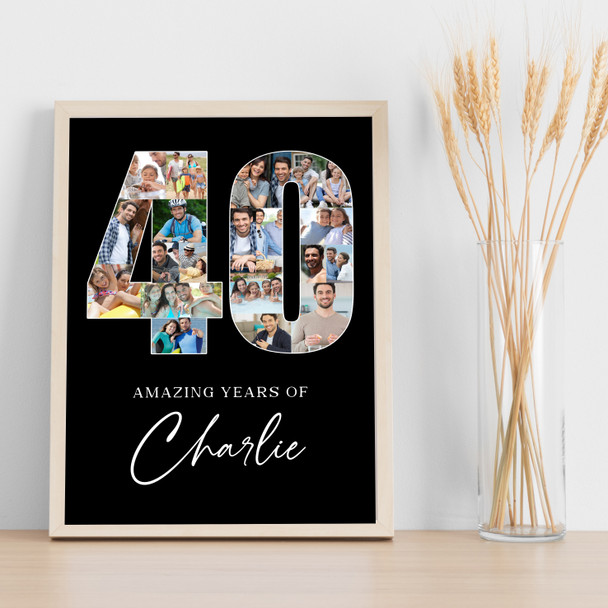Photo Collage 40th Birthday 19-Photo Birthday Gift For Him 40 Black Print Canvas