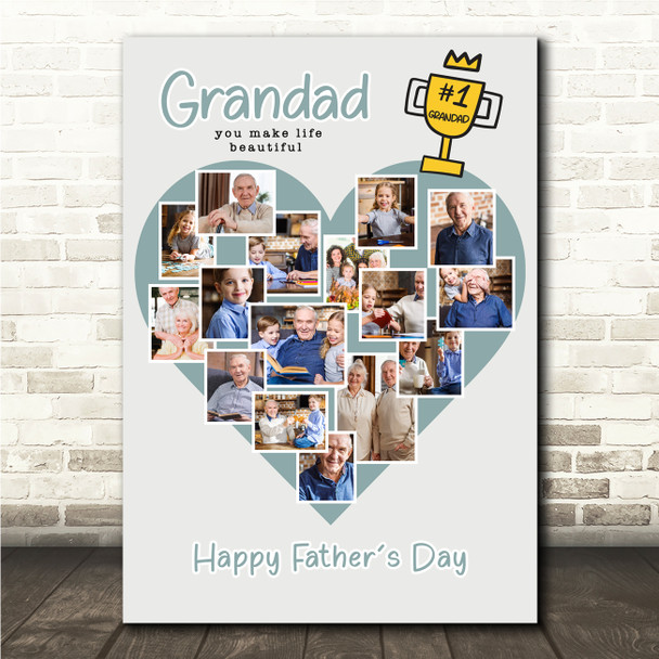 Photo Collage Gift For Grandad Father's Day 16-Photo Blue No.1 Dad Print Canvas