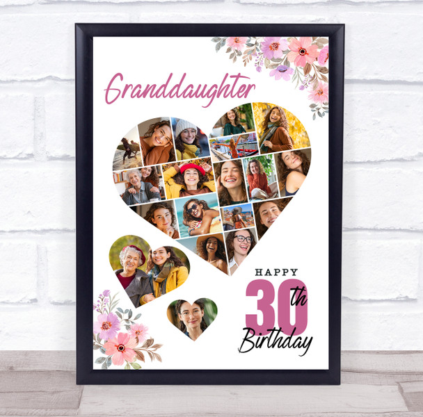 Photo Collage 30th Birthday Gift For Granddaughter 19-Photo Floral Print Canvas