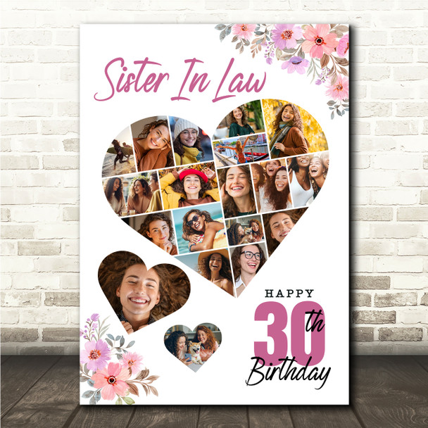 Photo Collage 30th Birthday Gift For Sister-In-Law 19-Photo Floral Print Canvas