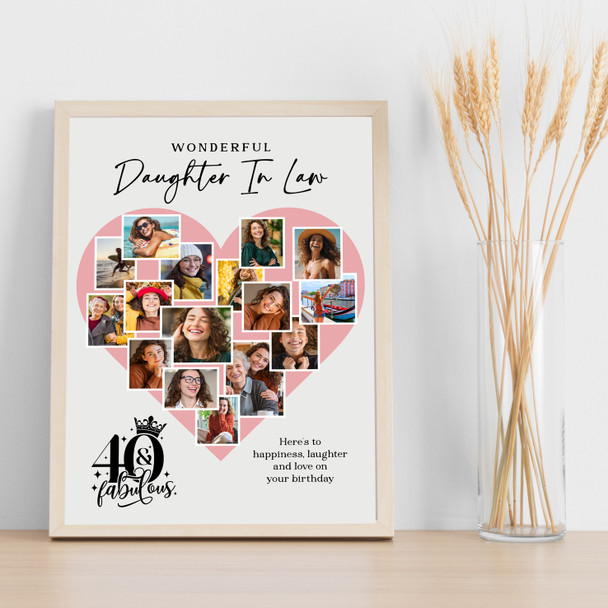Photo Collage 40th Birthday Gift For Daughter-In-Law 16-Photo Pink Print Canvas
