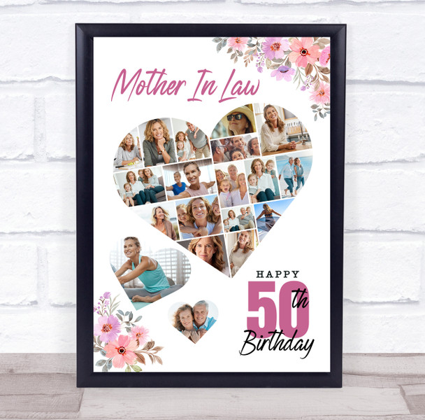 Photo Collage 50th Birthday Gift For Mother-In-Law 19-Photo Floral Print Canvas