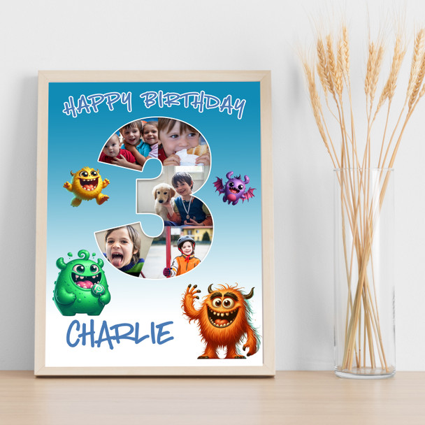 Photo Collage 5-Photo 3rd Birthday Gift For Toddlers Boys Monsters Print Canvas