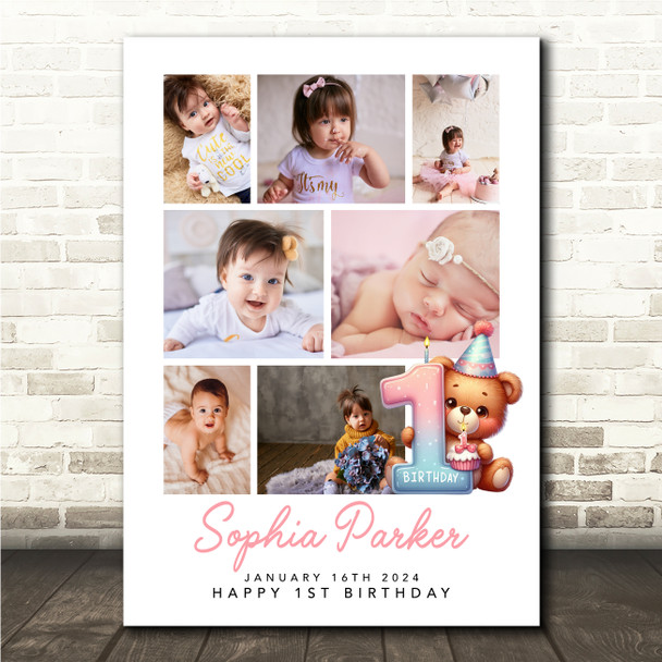 Photo Collage 7-Photo 1st Birthday Gift Kids Girls Cute Teddy Bear Print Canvas
