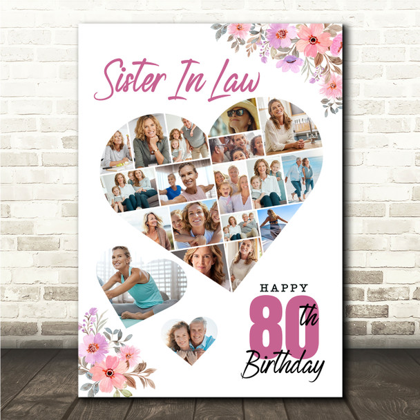 Photo Collage 80th Birthday Gift For Sister-In-Law 19-Photo Floral Print Canvas