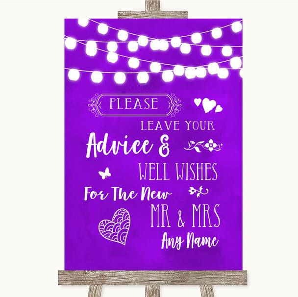 Purple Watercolour Lights Guestbook Advice & Wishes Mr & Mrs Wedding Sign