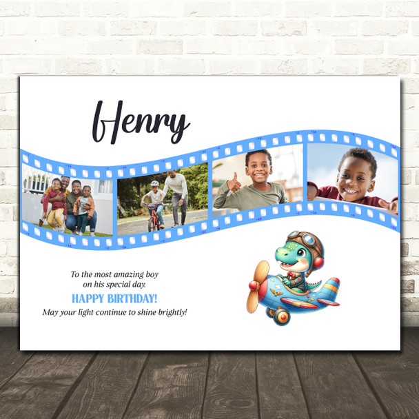 Photo Collage Kids Boys Birthday Gift 4-Photo Blue Dinosaur Plane Print Canvas