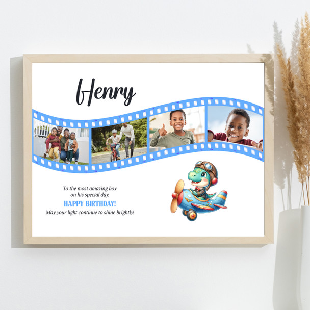 Photo Collage Kids Boys Birthday Gift 4-Photo Blue Dinosaur Plane Print Canvas