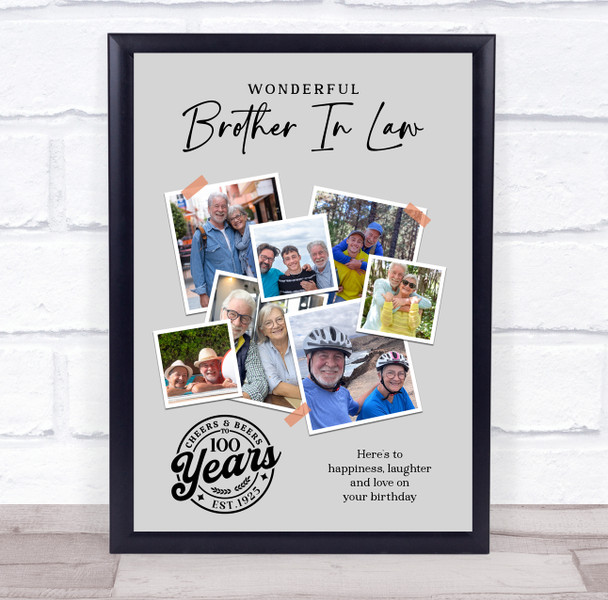 Photo Collage 100th Birthday Gift For Brother-In-Law 7-Photo Grey Print Canvas