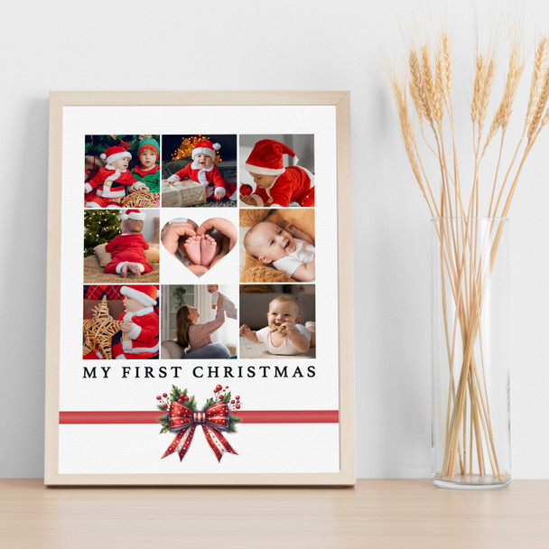 Photo Collage First Christmas Gift For Baby 9-Photo Pink Red Bow Print Canvas