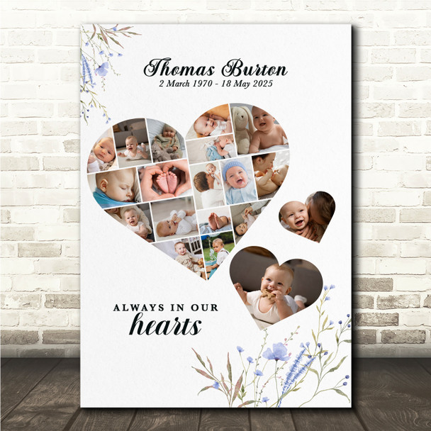 Photo Collage Kids Memorial Gift For Anyone 19-Photo Blue Floral Print Or Canvas