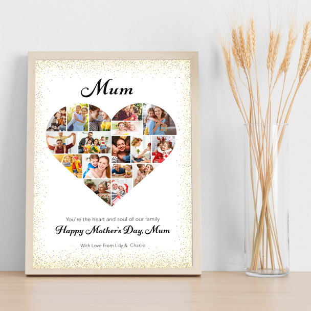 Photo Collage Gift For Mum Mother's Day 17-Photo Heart Gold Dots Print Or Canvas