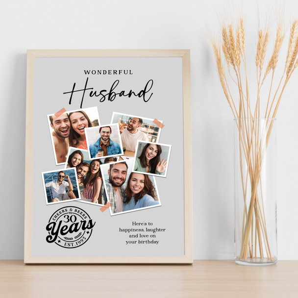 Photo Collage 30th Birthday Custom Gift For Husband 7-Photo Grey Print Or Canvas
