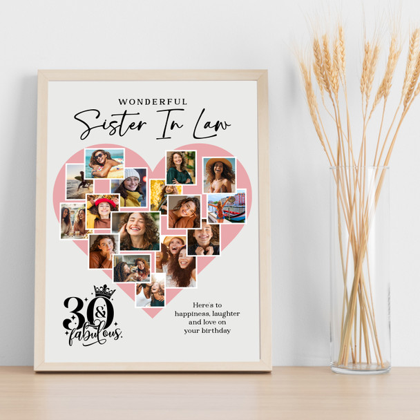 Photo Collage 30th Birthday Gift For Sister-In-Law 16-Photo Pink Print Or Canvas