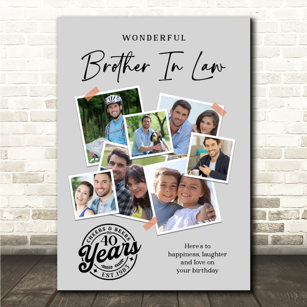 Photo Collage 40th Birthday Gift For Brother-In-Law 7-Photo Grey Print Or Canvas