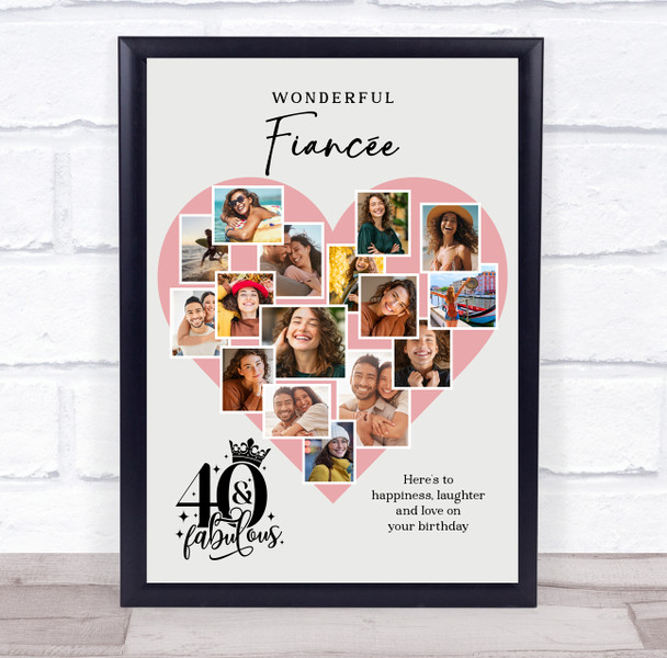 Photo Collage 40th Birthday Gift For Fiancée 16-Photo Pink Heart Print Or Canvas