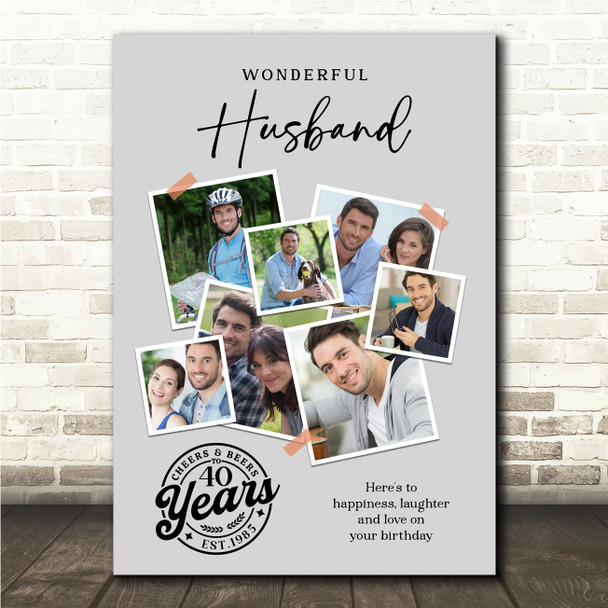 Photo Collage 40th Birthday Custom Gift For Husband 7-Photo Grey Print Or Canvas