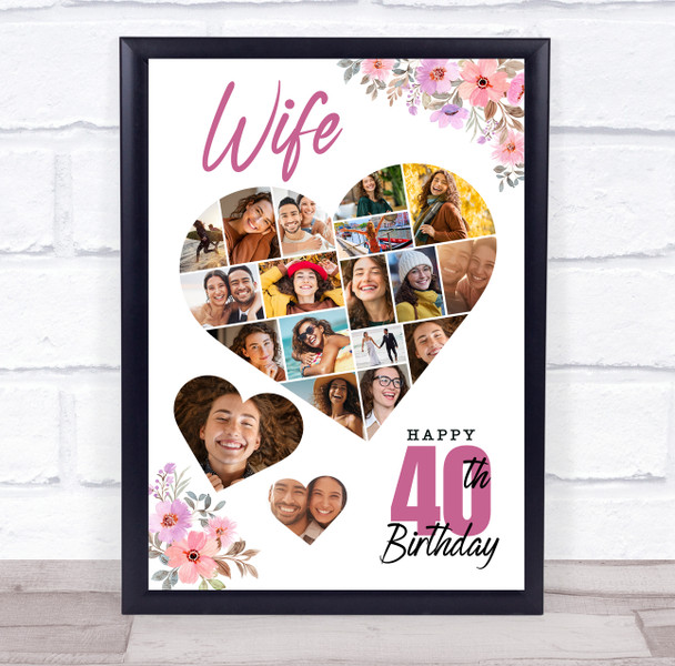 Photo Collage 40th Birthday Custom Gift For Wife 19-Photo Floral Print Or Canvas