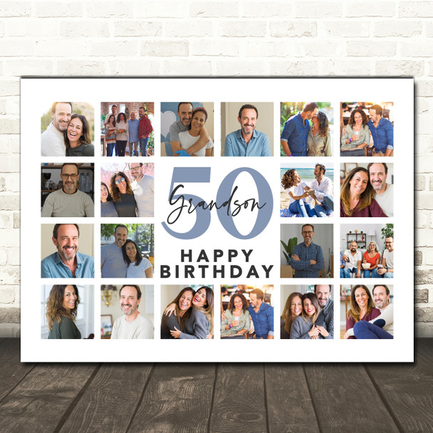 Photo Collage 50th Birthday Gift For Grandson 20-Photo Landscape Print Or Canvas